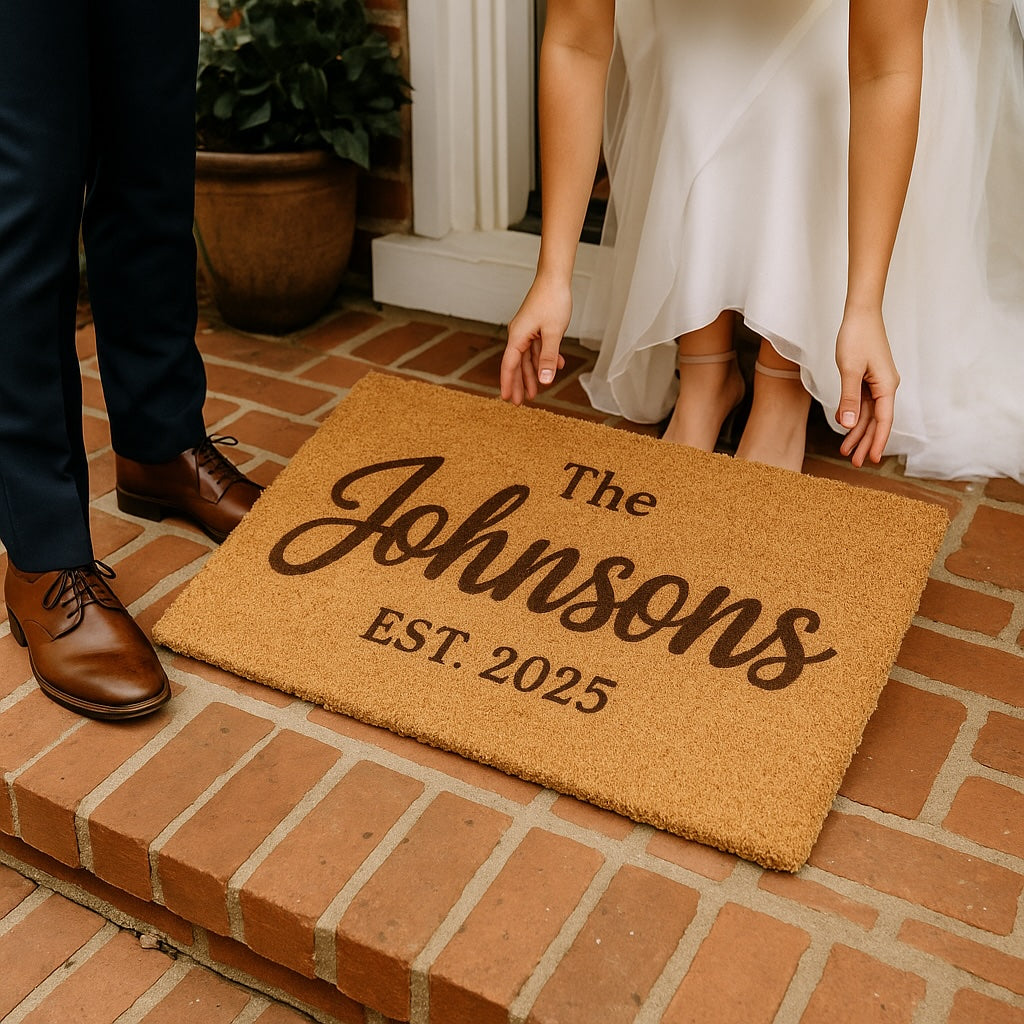 Doormat with 'The Johnsons EST. 2025' text on a brick floor, indicating a wedding or engagement.